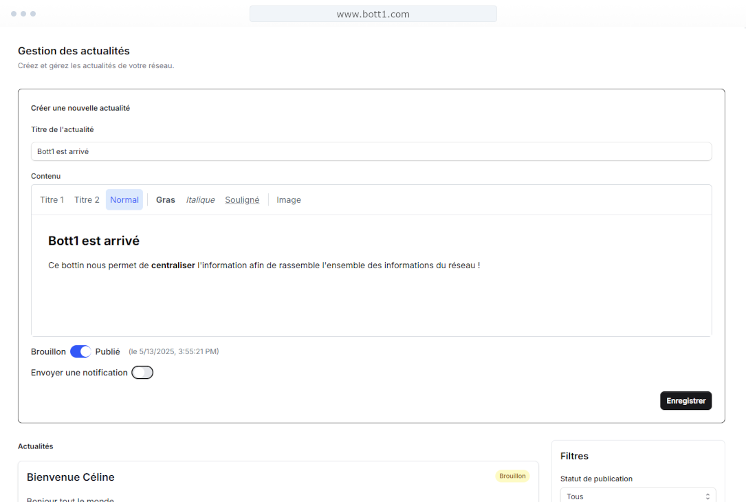 Interface permettant de créer une actualité et de la partager avec les membres.