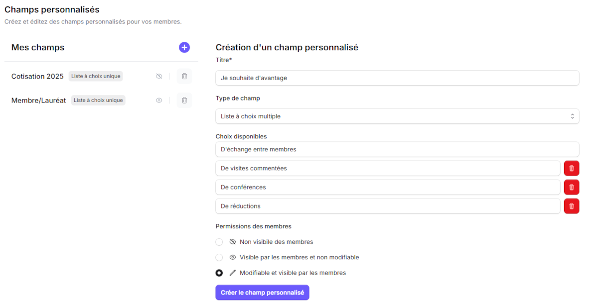 Vue de l'administration des champs personnalisés dans Bott1.
