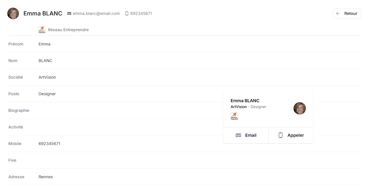 Profile d'une personne dans Bott1. On visualise les informations de contact et les champs personnalisés.
