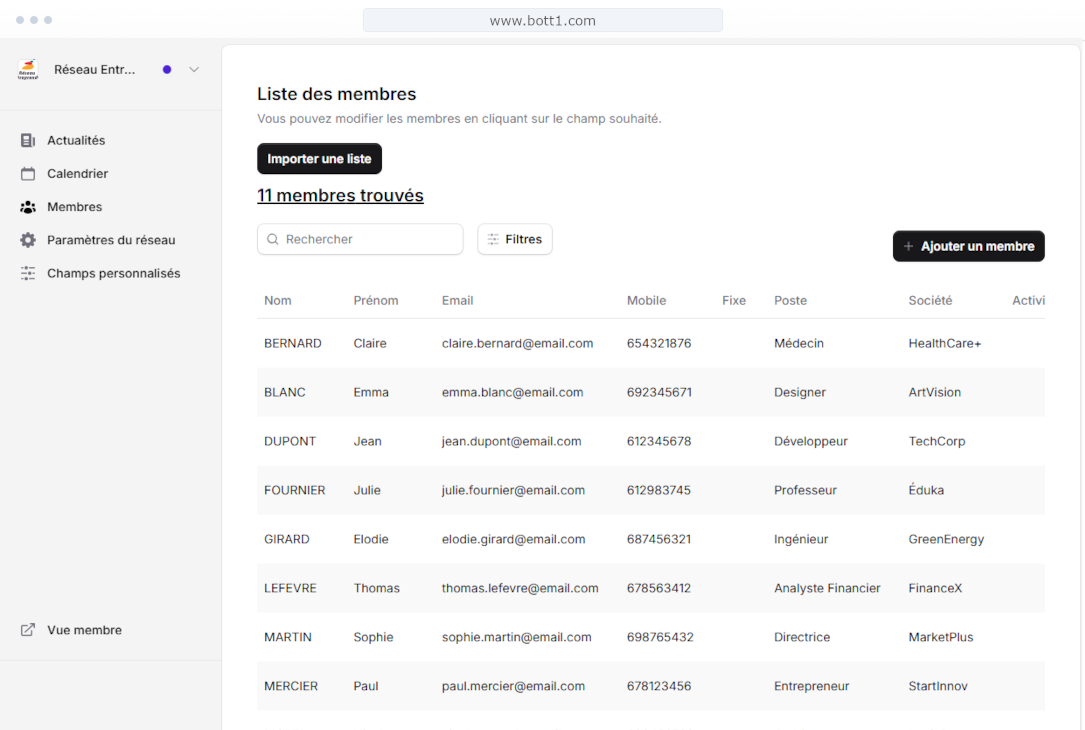 Vue de l'administration de l'annuaire dans Bott1. Il est facile d'ajouter des membres via un fichier CSV.